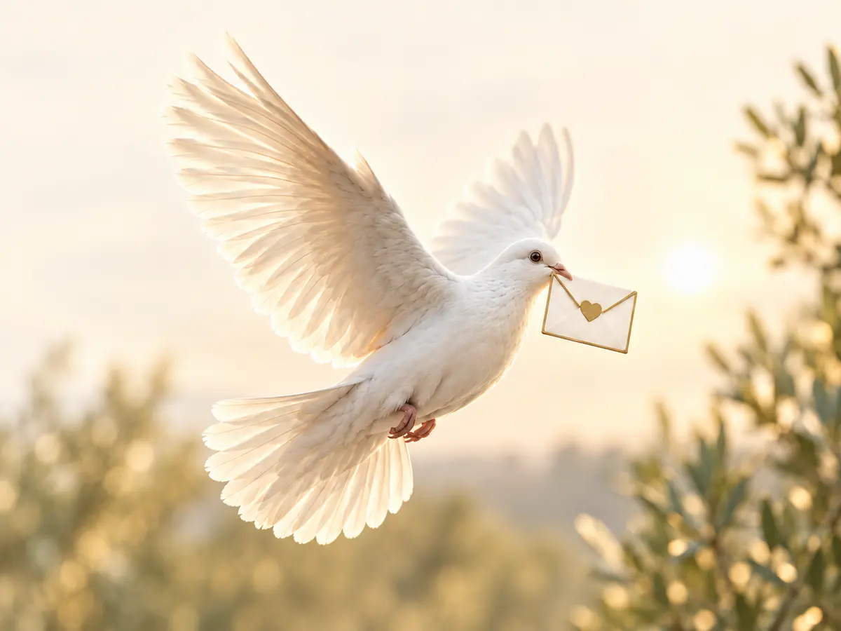A white dove carrying a small envelope sealed with a golden heart.